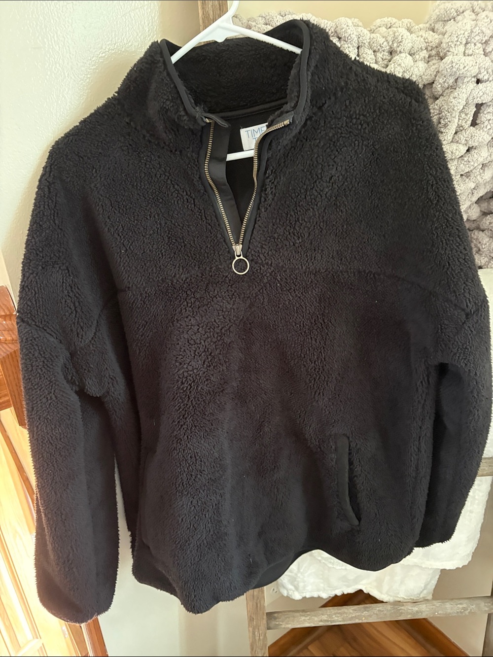 Time and Tru Black Sherpa Quarter-Zip Pullover with Ring Tab